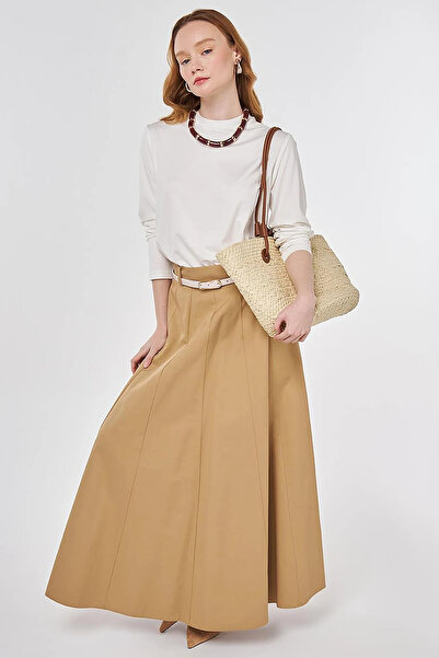 Kayra Belt Detailed High Waist Skirt Beige
