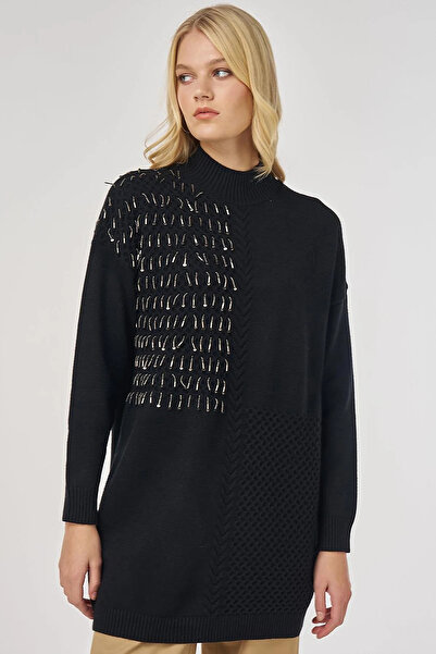 Kayra Knitted Detailed Viscose Knitwear Tunic Black