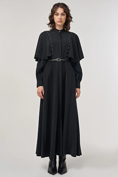 Kayra Φόρεμα Maxi Rayon με λεπτομέρεια ζώνης σε μαύρο χρώμα
