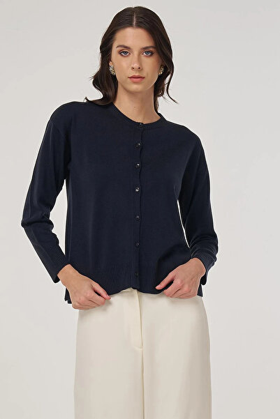 Kayra Button Detailed Shirt Collar Cardigan Navy Blue