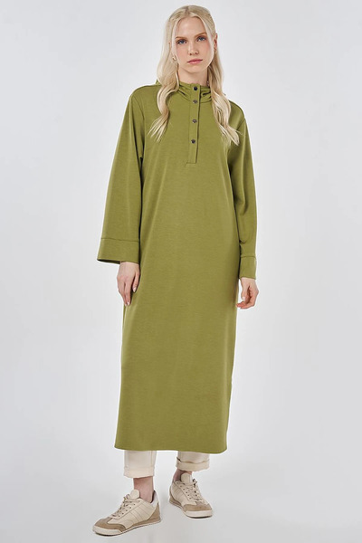 Kayra Hooded Detailed Modal Long Tunic Matcha Green