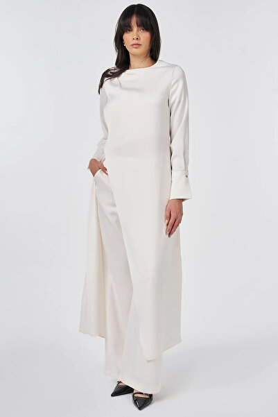 Kayra Metal Buckle Satin Double Suit Set Ecru