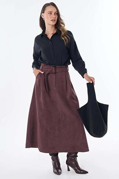 Kayra Belt Detailed Suede Skirt Cocoa Powder