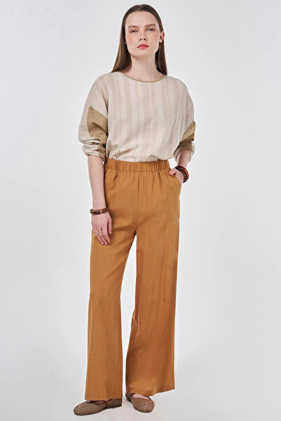 Kayra Elastic Waist Linen Viscose Trousers Tan