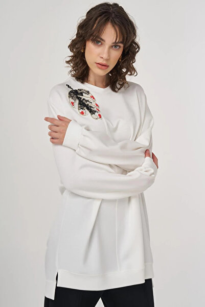 Kayra İşlemeli Scuba Sweatshirt Ekru