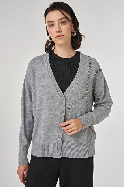 Kayra Tricotaj cu detalii de broderie Cardigan gri