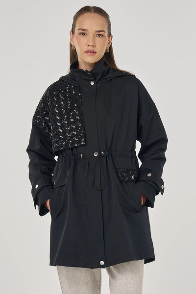 Kayra Sequin Detailed Short Trench Coat Black