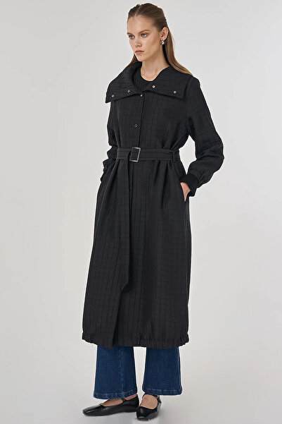 Kayra Stand Collar Quilted Trench Coat Black