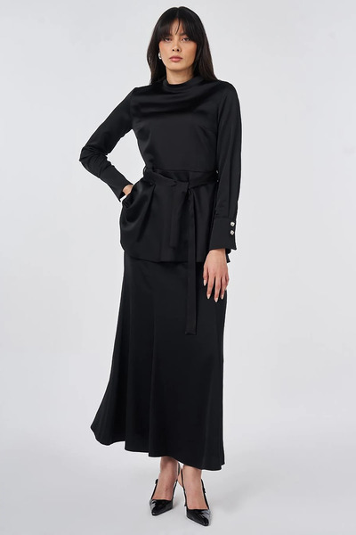 Kayra Sash Detailed Satin Blouse Black