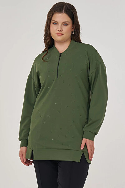 Kayra College Collar Hotfix Printed Sweatshirt Forest Green