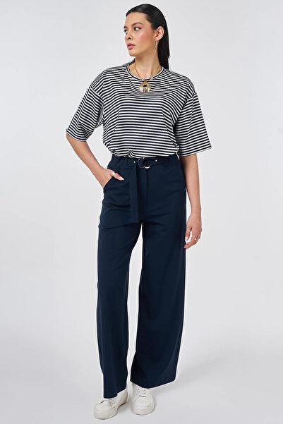 KYR Rayon Trousers with Metal Buckle Dark Navy Blue