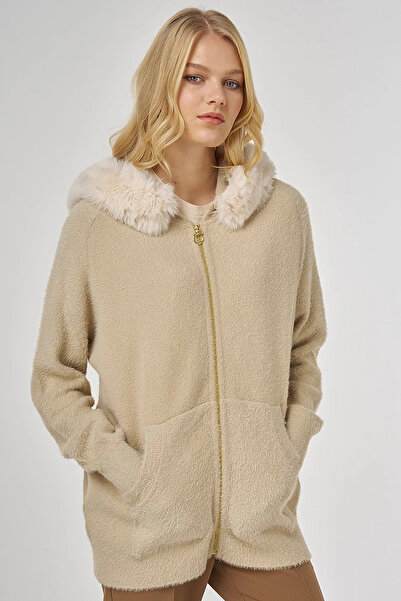 Kayra Fur Detailed Knitwear Cardigan Beige