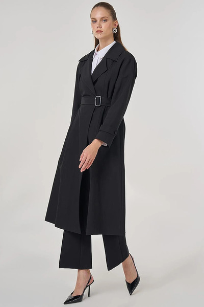 Kayra Men's Collared Long Trench Coat Black