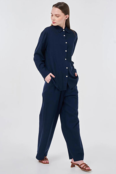 Kayra Linen Viscose Double Set Dark Navy Blue