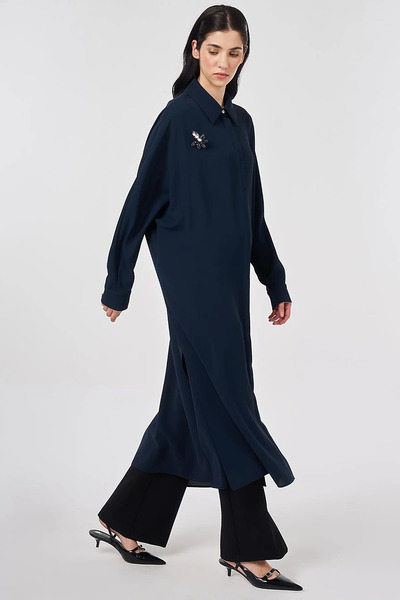 Kayra Embroidered Crepe Long Tunic Dark Navy Blue