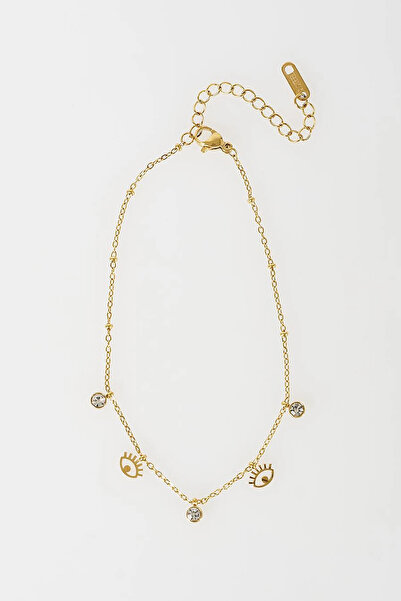 Kayra Hanging Stone Detailed Steel Anklet Gold