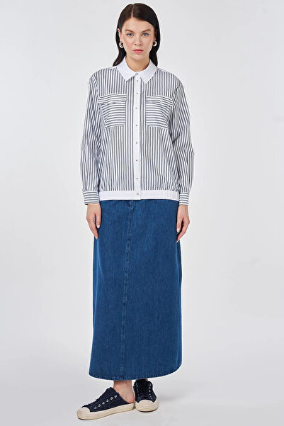KYR Stripe Pattern Cotton Blouse Blue