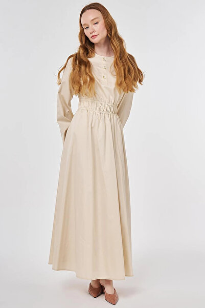 Kayra 100% Cotton Waist Detailed Maxi Dress Cream