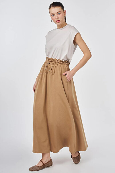 Kayra Waist Drawstring A-Line Skirt Beige