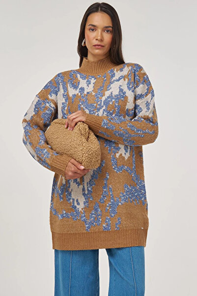 Kayra Abstract Pattern Wool Blend Knitwear Tunic Indigo