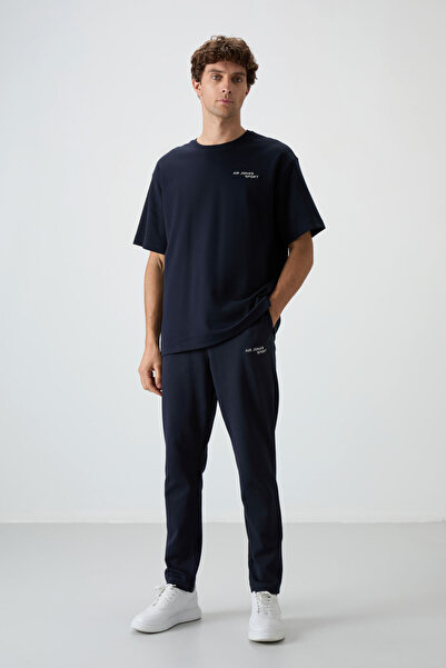 AIR JONES Lacivert Pamuklu Kalın Yumuşak Dokulu Oversize Fit Nakışlı Erkek Eş...