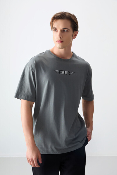 AIR JONES Khaki 100% Cotton Thick Soft Textured Oversize Fit Printed Men's T-...