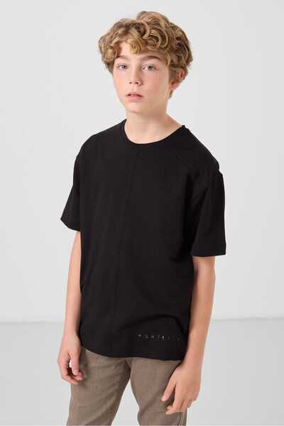 TOMMY LIFE Black Cotton Soft Textured Oversize Basic Boy's T-Shirt - 11297