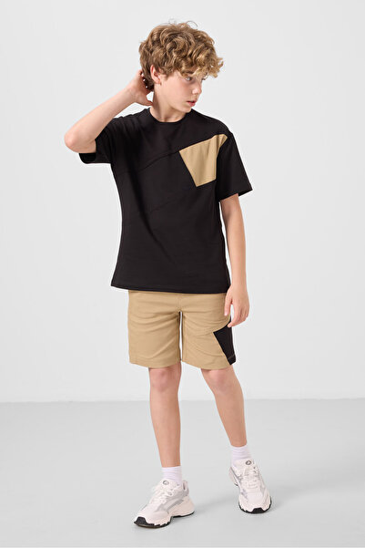 TOMMY LIFE Black-Dark Beige Cotton Oversize Fit Woven Lightweight Stretchy Ch...