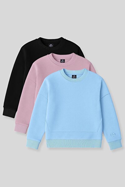 TOMMY LIFE Oversize 3 komada crna-prašnjavo roza-svetlo plava majica za devoj...