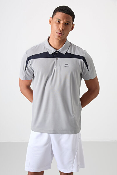 TOMMY LIFE Gray Breathable Textured Slim Flexible Standard Fit Polo Neck Men'...