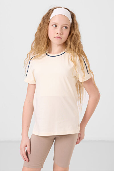 TOMMY LIFE Ecru Cotton O Neck Standard Fit Basic Girl's T-Shirt - 75177