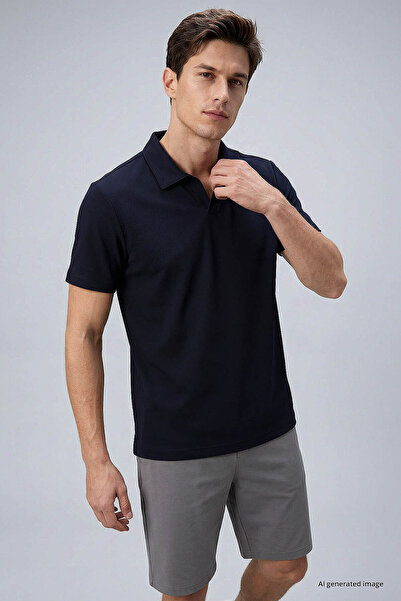 TOMMY LIFE Navy Blue Comfortable Form Soft-Textured Polo Collar Men's T-Shirt...