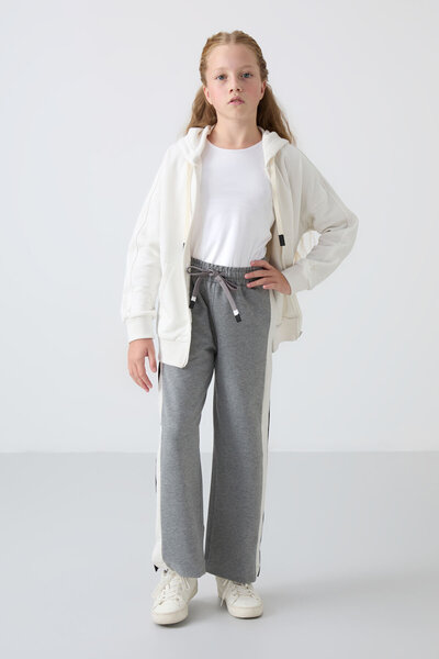 TOMMY LIFE Gray Melange Slit Detailed Wide Leg Girls' Sweatpants with Pockets...