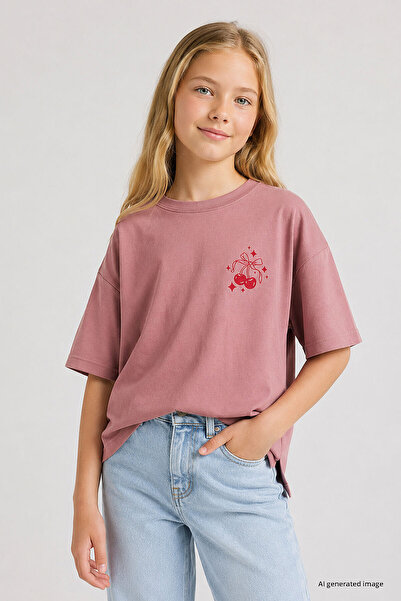 TOMMY LIFE Gül Kurusu Oversize Short Sleeve Printed Girls' T-Shirt - 75176