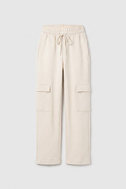 TOMMY LIFE Ecru Double Belted Cargo Pocket Palazzo Girls' Sweatpants - 75198