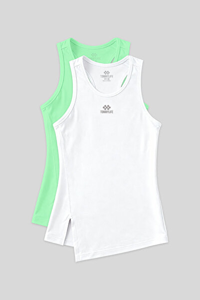 TOMMY LIFE Standard Mold O-Neck 2-Pack White-Neon Green Women's Sports Tank T...