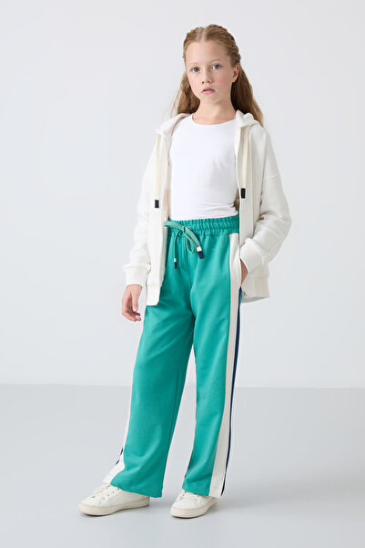 TOMMY LIFE Sea Green Slit Detailed Wide Leg Girls' Sweatpants with Pockets - ...