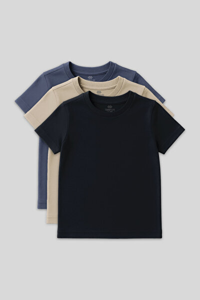 TOMMY LIFE Standard Fit Basic O Neck 3 Pack Navy Blue-Beige-Dark Blue Unisex ...