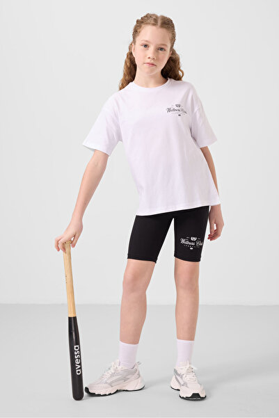 TOMMY LIFE White-Black Cotton O Neck Standard Fit Printed Female Child Leggin...