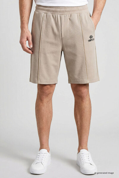 TOMMY LIFE Beige Oversize Fit Basic Men's Shorts with Front Stitching Detail ...