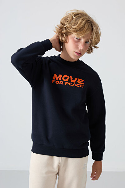 TOMMY LIFE Navy Blue Cotton Thick Fleece Soft Textured Standard Fit Printed B...