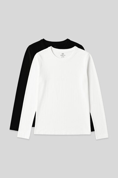 TOMMY LIFE Standard Fit Basic O Neck 2-Pack Black-White Women's T-Shirt - 97312