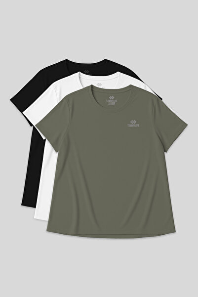 TOMMY LIFE Rahat Form 3-Pack Black-White-Khaki Plus Size Women's T-Shirt-97308