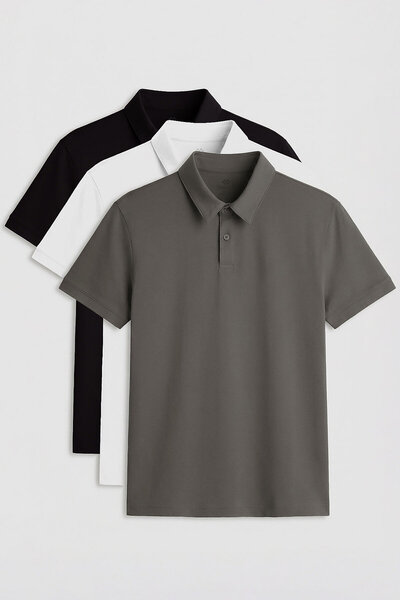 TOMMY LIFE Standard Fit Basic Polo Neck 3 Pack Black-White-Cagla Men's T-Shir...