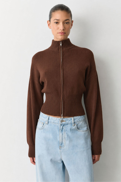 Madmext Bitter Brown Double Zipper Stand Collar Women's Knitwear Cardigan Mg2505
