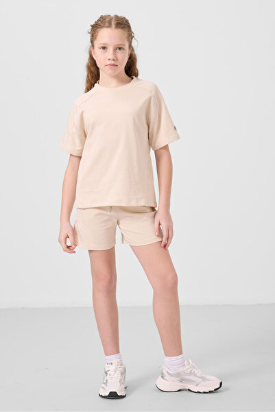TOMMY LIFE Beige Cotton Soft Textured Standard Fit Basic Girl's Shorts Set - ...