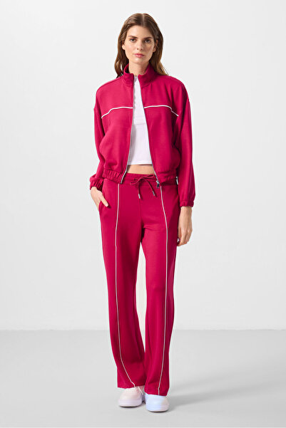 TOMMY LIFE Viva Red Soft Textured Stand Collar Oversize Elastic Women's Track...