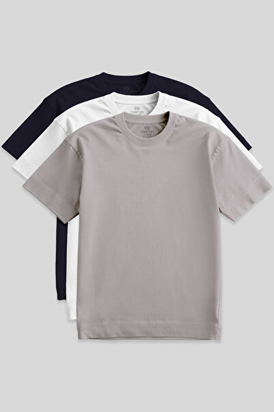 TOMMY LIFE Basic O-Neck Large Size 3-Pack White-Navy Blue-Dark Beige Men's T-...