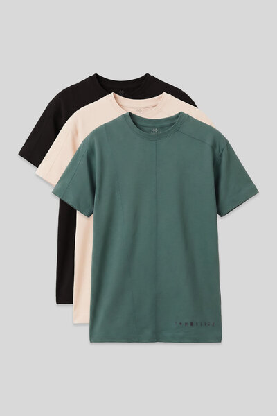 TOMMY LIFE Pachet de 3 tricouri oversize de bază cu gât rotund, negru-bej-ver...