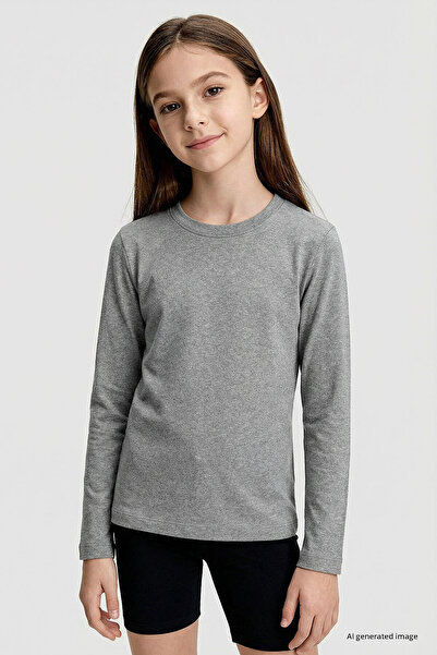 TOMMY LIFE Gray Melange O Neck Standard Fit Basic Long Sleeve Unisex Kids T-S...
